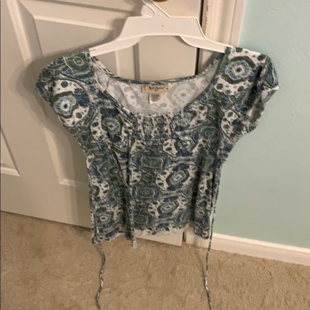 green blue and white top